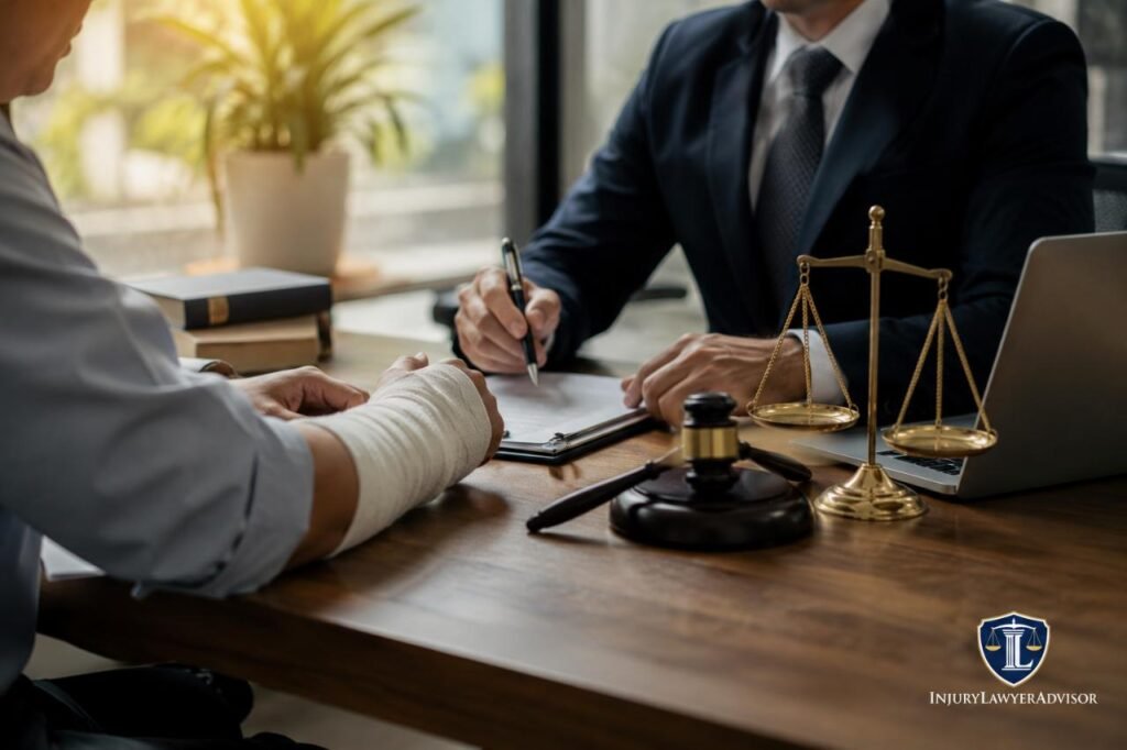 Attorney consulting with an injured client at a Johns Creek personal injury law firm in Georgia.