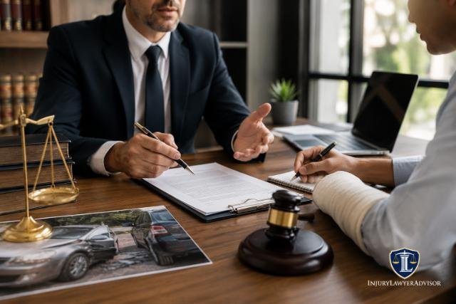 Personal injury attorney reviewing accident evidence with an injured client while applying Georgia comparative fault rules during a legal consultation.