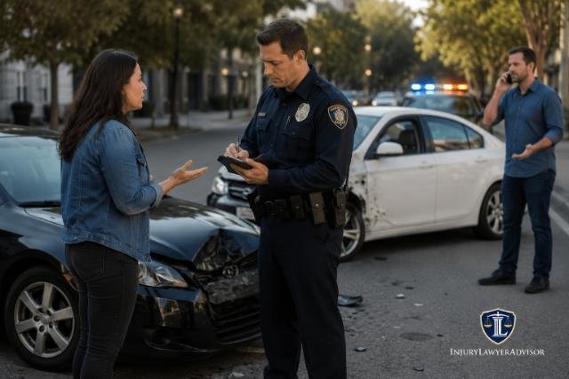 Police officer documenting a car accident while speaking with a driver at the crash scene, illustrating the importance of reporting an incident after a personal injury accident.