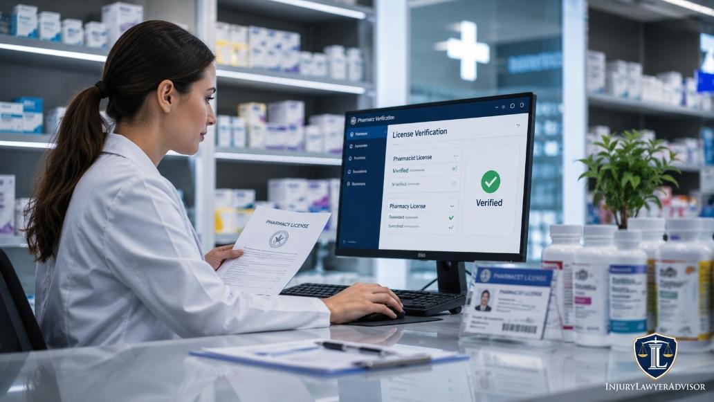 Pharmacist verifying pharmacy and pharmacist licensing requirements in a modern pharmacy.