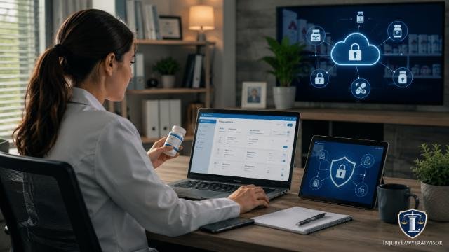 Pharmacist securely accessing a cloud-based pharmacy system while working remotely.