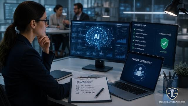 Professional reviewing AI systems with human oversight to ensure ethical and compliant decision-making.