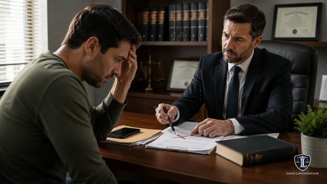 Attorney advising a worried client about mistakes that could harm a legal case.