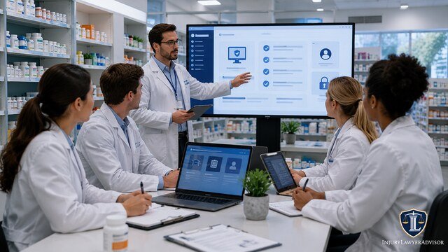 Pharmacy staff participating in training before implementing a new digital pharmacy system.
