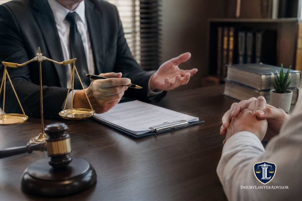 Lafayette Personal Injury Lawyer Guide: Louisiana Civil Litigation & Claims Strategy Attorney consulting with a personal injury client in a Lafayette law office with legal documents and scales of justice.