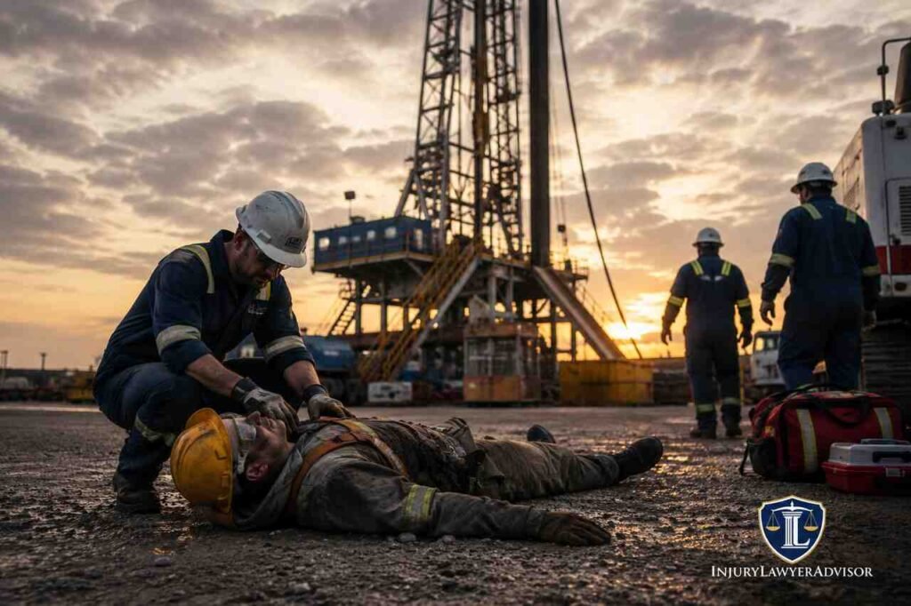 Oil field worker receiving emergency assistance after a drilling site accident with InjuryLawyerAdvisor logo in the corner.