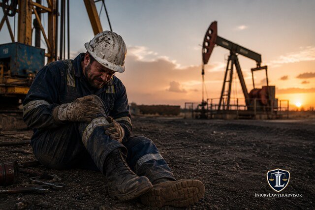 Injured oilfield worker at a drilling site with the InjuryLawyerAdvisor logo in the bottom-right corner.