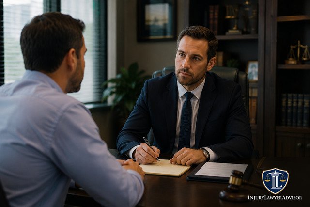 Personal injury lawyer consulting with a client in a modern law office.