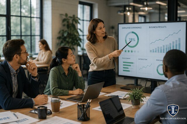 Team reviewing employee experience metrics and business performance dashboards during a strategy meeting in a modern office.