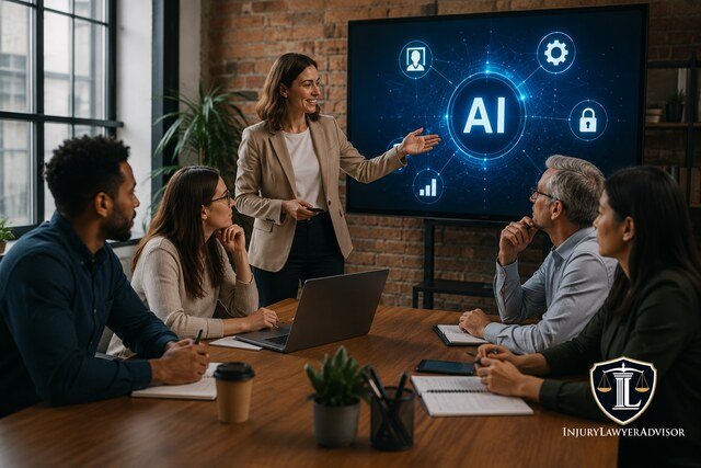 Team learning AI adoption in a modern office.