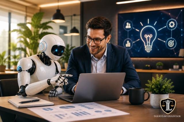 Professional collaborating with an AI assistant in a modern office.