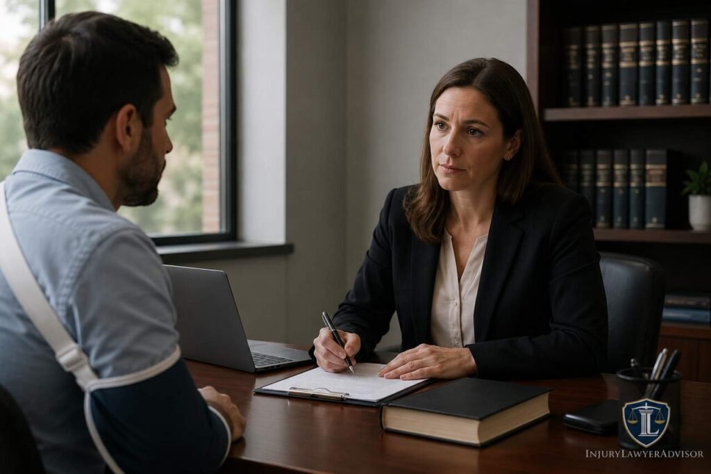 Riverhead personal injury lawyer consulting with an injured client about an accident compensation claim.