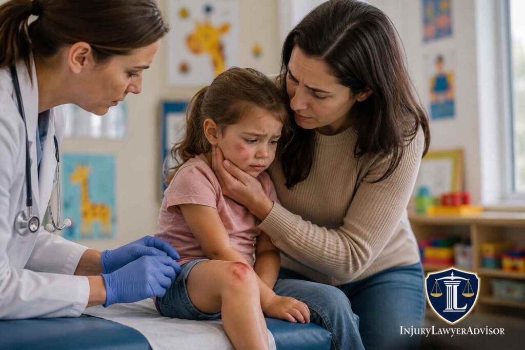 Child receiving medical care after a daycare injury with concerned parent and doctor.
