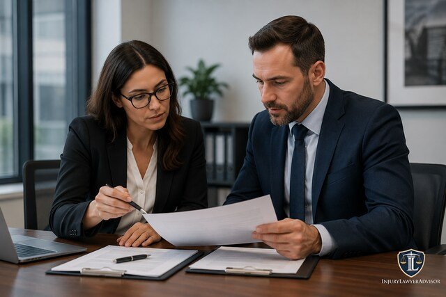 Professionals reviewing insurance claim documents in a modern office.