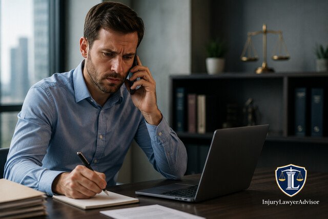 A person reports an incident by phone while taking notes in a professional legal office.