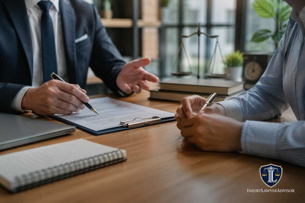Business partners reviewing a partnership agreement with a lawyer in a modern law office.