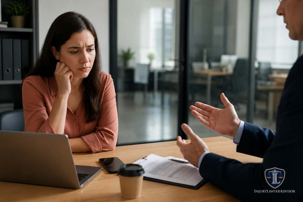 Can an Employer Reduce My Hours Legally? Employment Law, Employee Rights, and What to Do Next Employee reviewing a notice about reduced work hours in an office with InjuryLawyerAdvisor logo.
