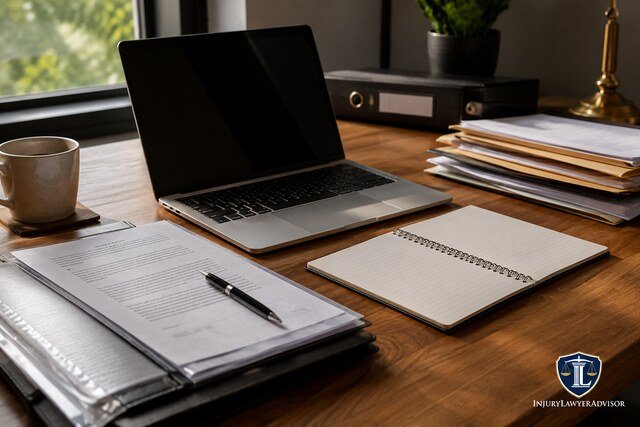 Organized legal documents and laptop prepared for a lawyer meeting.