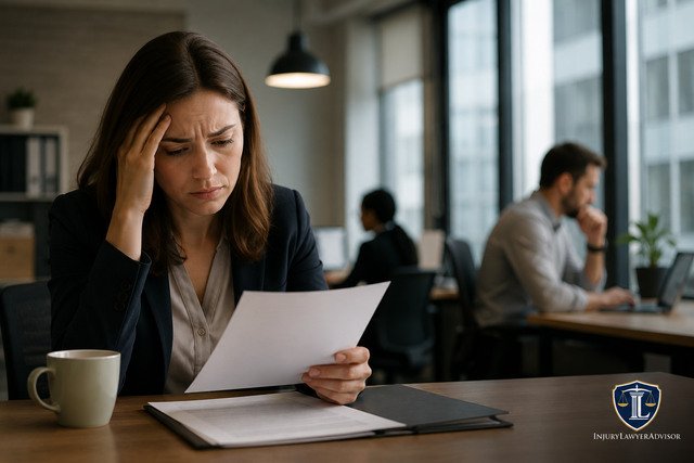 Employee reviewing paperwork with concern in a modern office, representing reduced work hours.