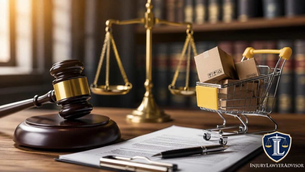 Consumer Protection Laws Examples: Practical Rules That Protect Buyers and Promote Fair Markets Consumer protection laws illustration with shopping cart, legal scales, and gavel representing buyer rights and fair market regulations.