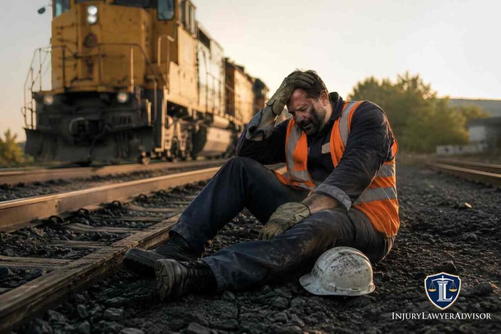 Injured railroad worker sitting beside train tracks after a workplace accident while seeking legal help from a railroad injury lawyer.