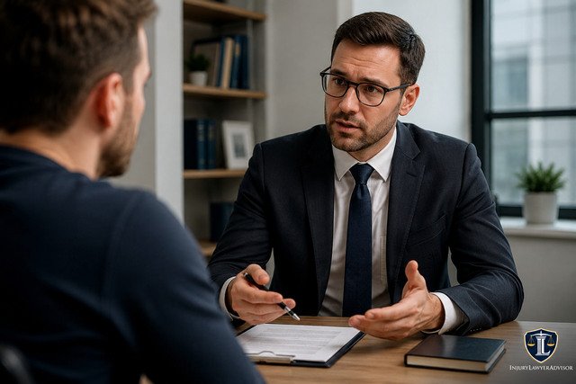 Lawyer consulting a client before speaking with company claim representatives.