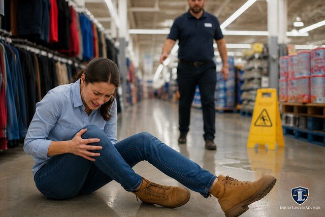 Shopper injured after slipping on a wet retail store floor.