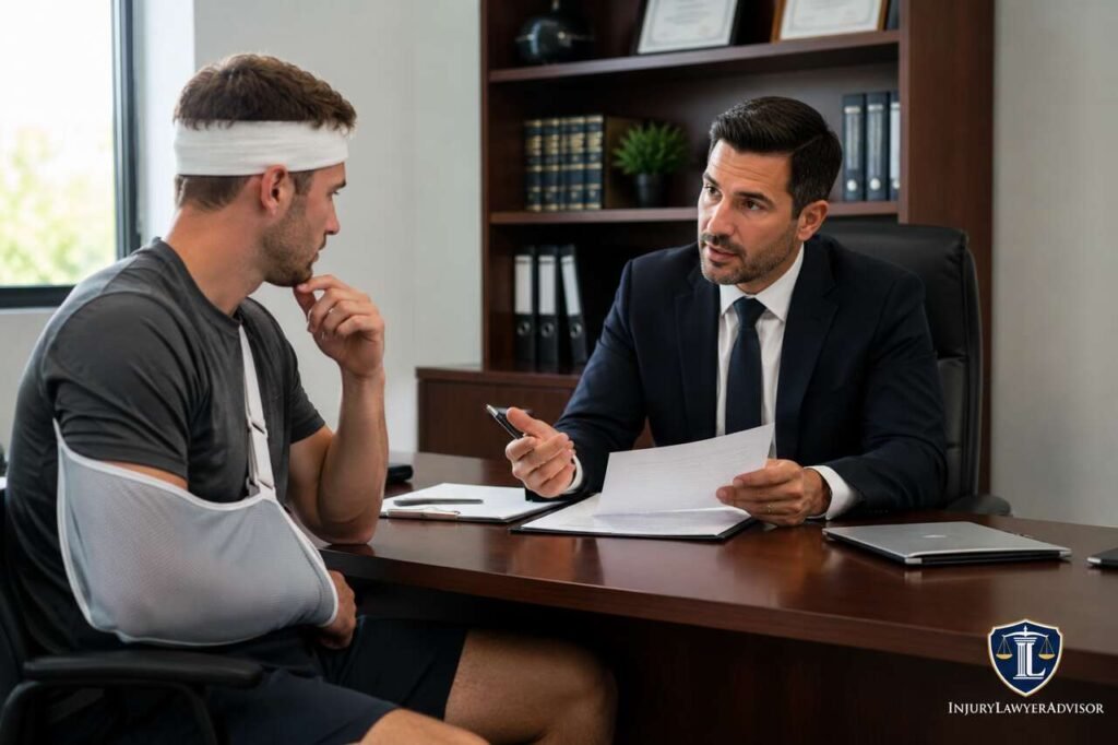 Sports Injury Lawyer: Protect Your Rights and Maximize Compensation After a Sports-Related Injury Sports injury lawyer consulting with an injured athlete about compensation after a sports-related accident.