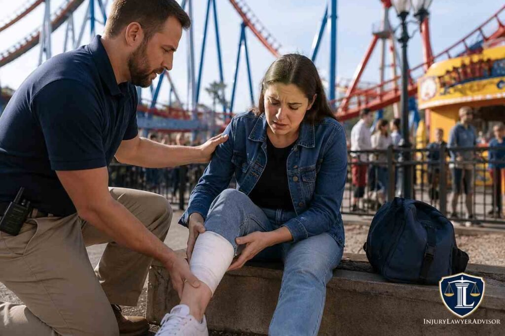 Injured amusement park visitor receiving assistance after a theme park accident while seeking legal guidance.
