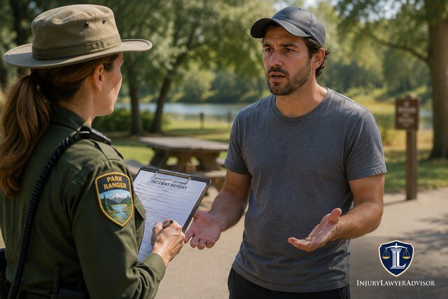 Park visitor reporting an incident to a park ranger in a public park with the InjuryLawyerAdvisor logo in the corner.