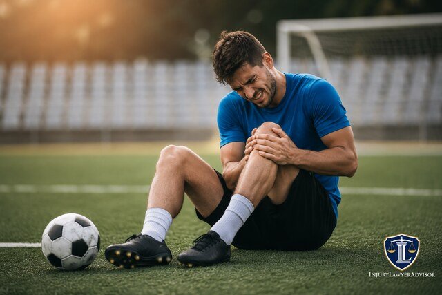 Soccer player holding an injured knee on the field with a small InjuryLawyerAdvisor logo.