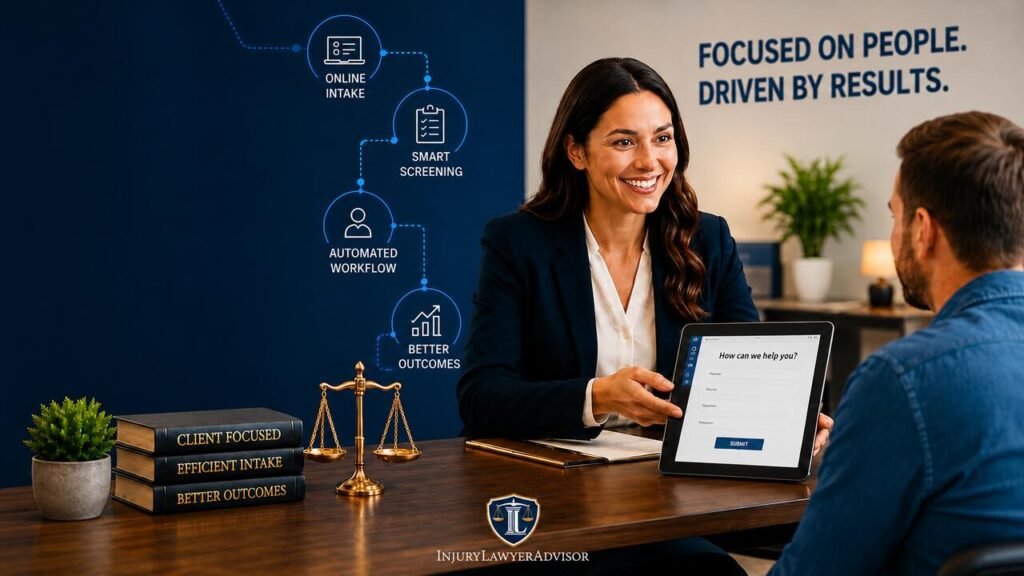 Law firm representative using a digital client intake form to streamline onboarding while providing a personalized client experience.