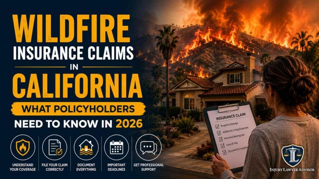 California wildfire insurance claims guide showing a home threatened by wildfire, a policyholder with an insurance claim checklist
