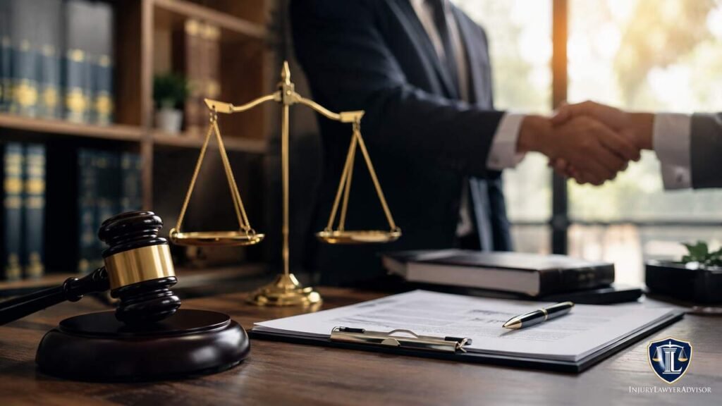 Personal injury attorney reviewing legal documents, settlement agreement, and attorney fee structure in a law office.