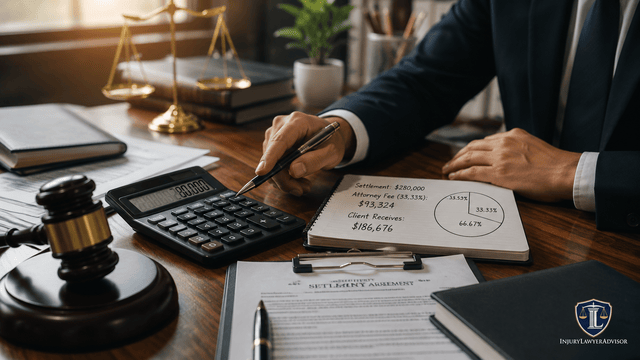 Personal injury attorney calculating contingency fees and settlement costs with legal documents, calculator, gavel, and scales of justice.