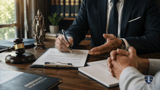 Attorney discussing and negotiating personal injury contingency fee terms with a client before signing a legal agreement.