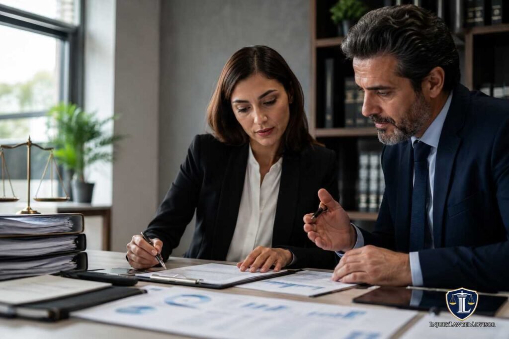 Sales tax audit lawyer reviewing business tax documents and financial records with a client