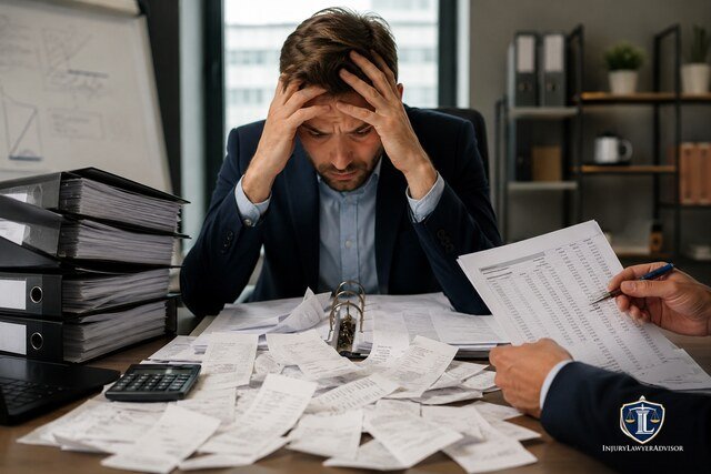 Business owner stressed during a sales tax audit, surrounded by receipts, financial documents, binders, and a calculator in an office.