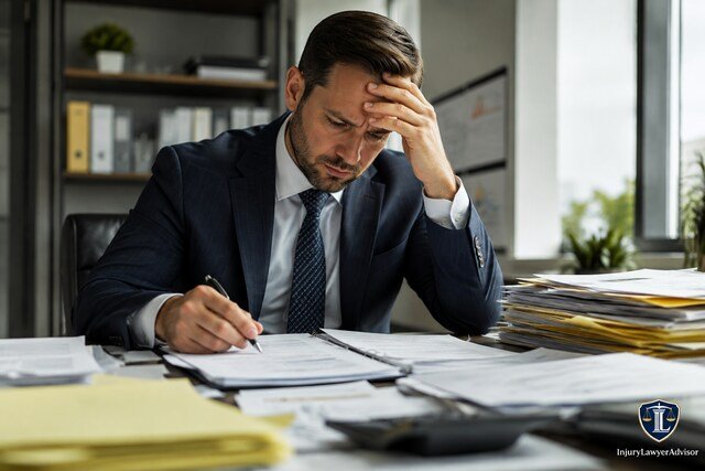 Stressed businessman reviewing a large stack of documents at an office desk, representing the complexity of a sales tax audit, with an InjuryLawyerAdvisor logo in the bottom-right corner.