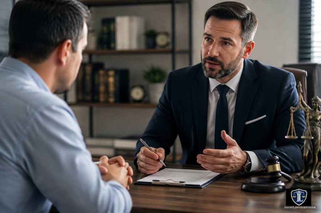Wright Injury Law reviews showing a professional attorney consultation in a law office