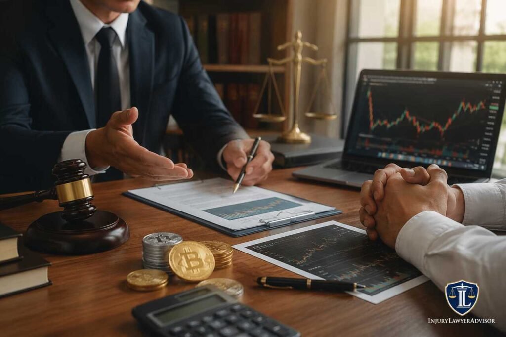 Cryptocurrency tax lawyer advising client with crypto charts and legal documents in a professional office