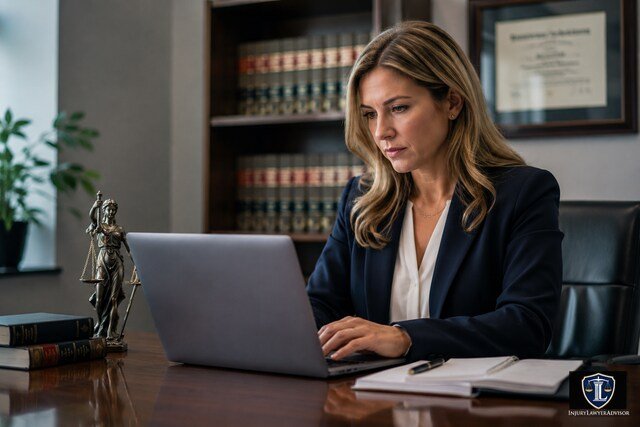 Brooke Eaves Wright professional background verification with attorney reviewing legal documents in a modern law office