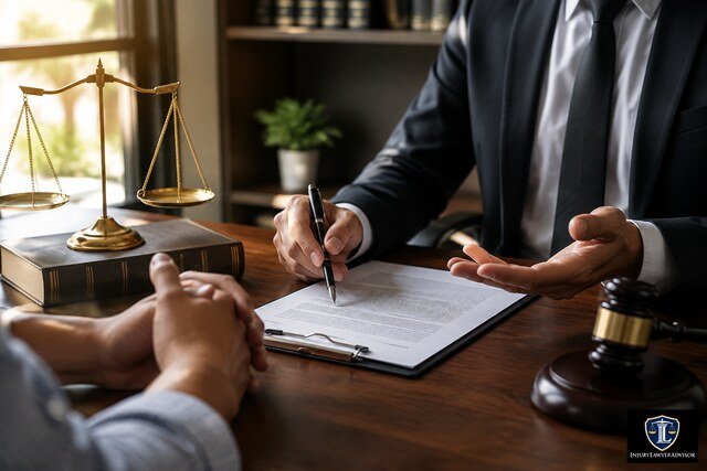 Attorney reviewing legal documents during a professional injury law consultation with scales of justice and gavel