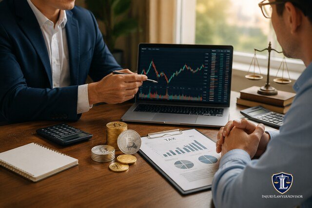 Cryptocurrency tax lawyer advising UK crypto investors with digital asset charts, tax documents, and legal consultation setup