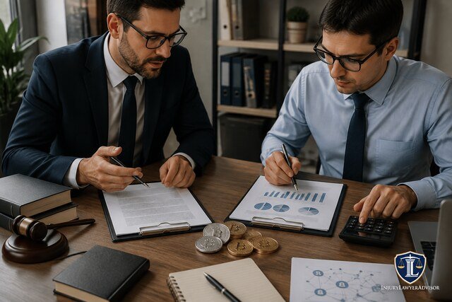 Cryptocurrency tax lawyer and crypto tax accountant comparing financial documents, charts, and digital asset records during a professional consultation