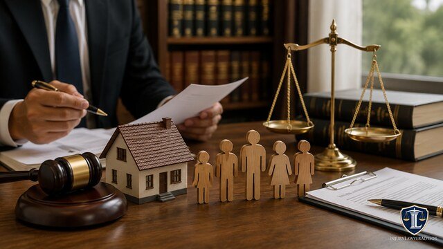 Coparcenary property determination with family, house, legal documents, gavel, and scales of justice.
