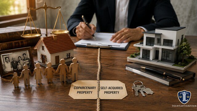 Coparcenary property and self-acquired property comparison with family inheritance and house models.