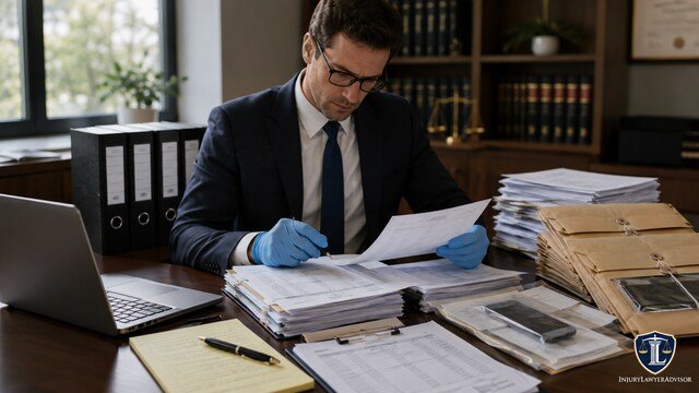 Lawyer preserving financial records and reviewing evidence for an elder financial abuse case.