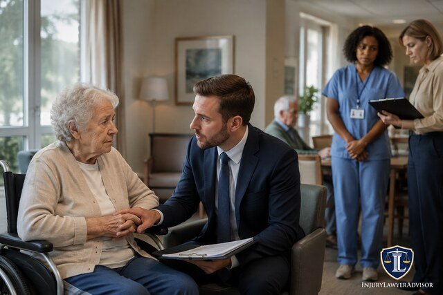 Elderly nursing home resident speaking with a lawyer about suspected caregiver abuse.