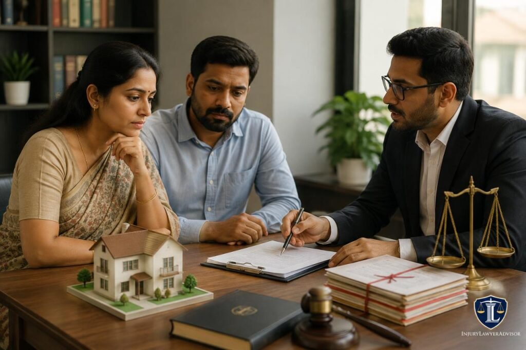 Wife discussing rights on husband property in India with a property lawyer